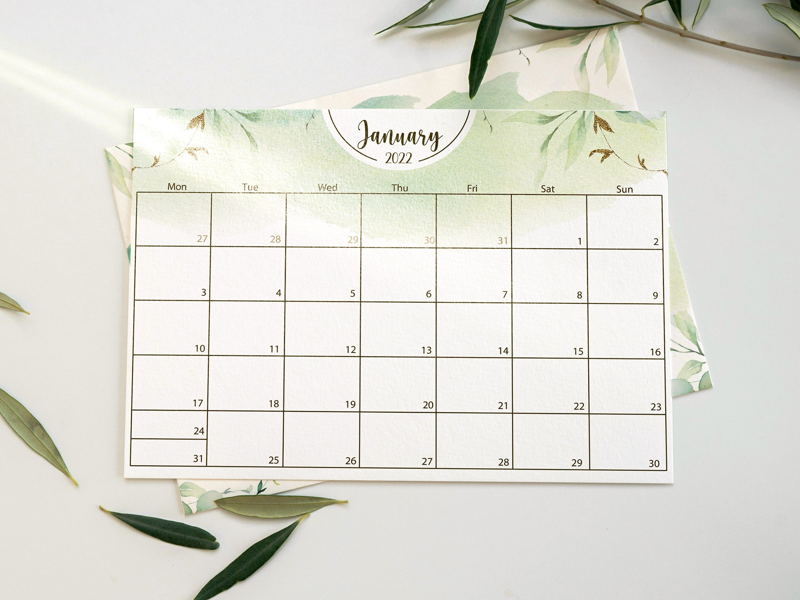 2022 printable monthly calendar greenery style calendar 2022 etsy