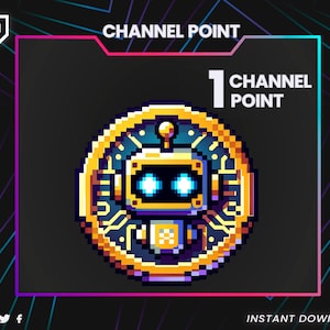 May include: A digital graphic featuring a pixelated robot design within a circular frame. The design is primarily gold, blue, and purple, with the text "CHANNEL POINT" and "1 CHANNEL POINT". The image has a dark background with colorful lines and the words "INSTANT DOWNLOAD".