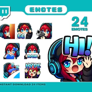 Twitch emotes, girl emotes, gamer emotes, red emotes, anime emotes, love emotes, Discord emotes, Kick emotes, Tiktok emotes, YouTube emotes