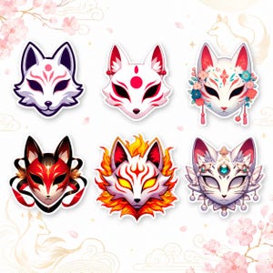 May include: A set of six decorative stickers featuring stylized fox masks. The designs include a white mask with pink markings, a white mask with a red circle, a floral-adorned white mask, a red and black mask, a fiery fox mask, and an ornate mask.