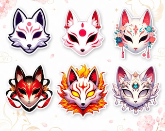 May include: A set of six decorative stickers featuring stylized fox masks. The designs include a white mask with pink markings, a white mask with a red circle, a floral-adorned white mask, a red and black mask, a fiery fox mask, and an ornate mask.