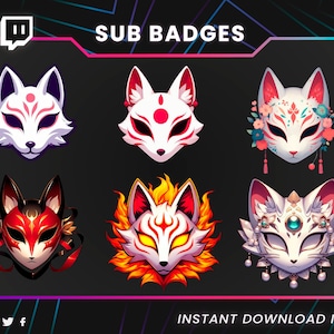 Può includere: Arte digitale con sei maschere di volpe stilizzate con vari design. Le maschere sono bianche, rosse, nere e arancioni, con accenti floreali e di fiamma. Il testo "SUB BADGES" e "INSTANT DOWNLOAD ITEMS" è visualizzato.
