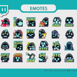 May include: A collection of 24 digital emotes featuring a hooded character with glowing eyes. Each emote displays a different expression or phrase, including "WOW," "THANKS," "OMG," and "RAID." The design is on a white background with a teal border. Instant download.