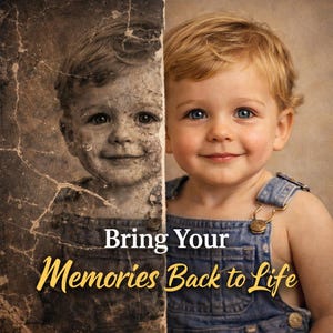 May include: A split image shows a child's portrait, one side aged and faded, the other vibrant. The child, with blue eyes and blonde hair, wears denim overalls. Text reads "Bring Your Memories Back to Life."