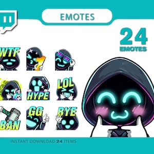 RAID Emote, LURK Emote Pack for Twitch, Kick, TikTok | 24 Chibi Neon Hoodie Emotes | Funny Shadow Gamer Set