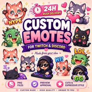 以下が含まれることがあります： CUSTOM EMOTES FOR TWITCH & DISCORD、24H RUSH DELIVERY、HYPE、LOL、HI、GGのテキストが書かれた、動物やキャラクターのデジタルステッカー集。キツネ、ドラゴン、猫、ヘッドホンをした人物のイラストが含まれています。
