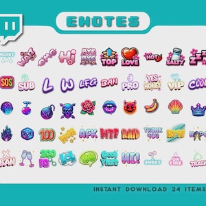 May include: A collection of 24 digital emotes with various text and graphic designs, including words like "OMG," "LOVE," and "COOL." The emotes are in a variety of colors, including pink, purple, and blue. The text "ENOTES" is at the top.