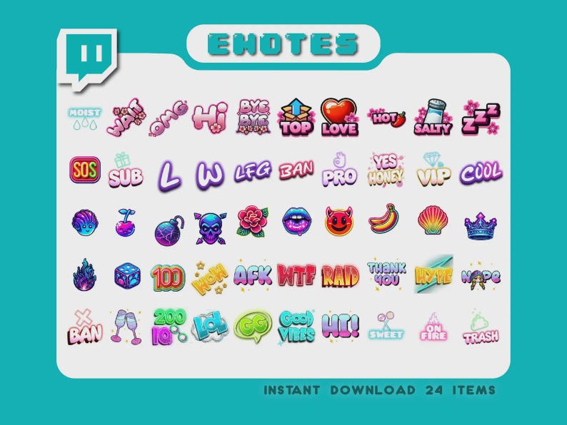 May include: A collection of 24 digital emotes with various text and graphic designs, including words like "OMG," "LOVE," and "COOL." The emotes are in a variety of colors, including pink, purple, and blue. The text "ENOTES" is at the top.