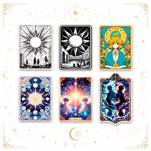Può includere: Un set di sei adesivi rettangolari con diversi disegni artistici. Due sono illustrazioni in bianco e nero di soli e figure. Quattro sono illustrazioni colorate e dettagliate che raffigurano temi celesti, luce brillante e personaggi.