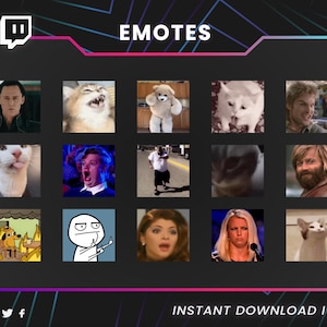 May include: A digital graphic featuring a collection of popular internet memes and reaction images, including cats, actors, and other recognizable faces. The word "EMOTES" is displayed at the top, with "INSTANT DOWNLOAD ITEMS" at the bottom.