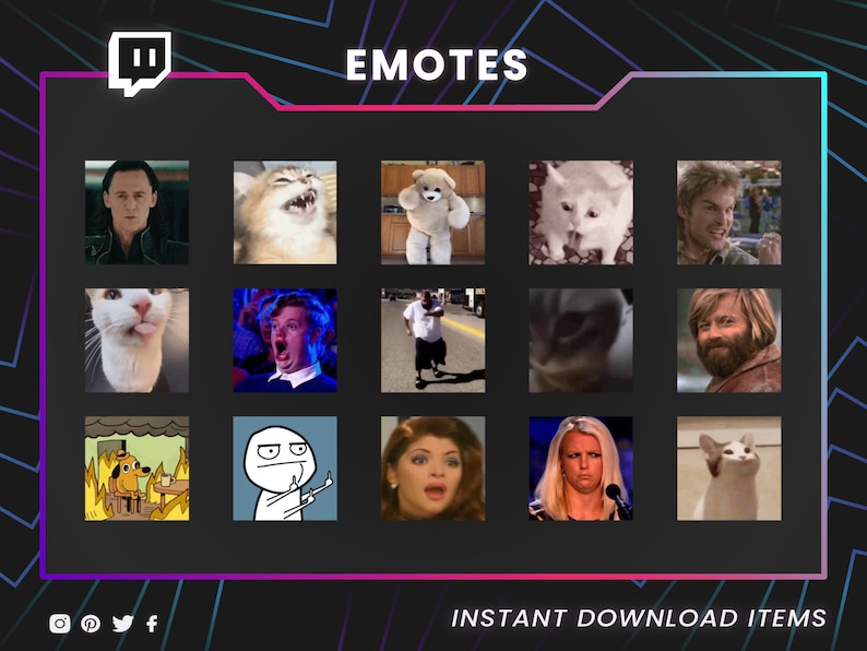 May include: A digital graphic featuring a collection of popular internet memes and reaction images, including cats, actors, and other recognizable faces. The word "EMOTES" is displayed at the top, with "INSTANT DOWNLOAD ITEMS" at the bottom.