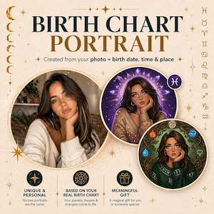 May include: A promotional image for a birth chart portrait service. The image features a woman's photo and two artistic renderings of women, along with text that reads "BIRTH CHART PORTRAIT" and "Created from your photo + birth date, time & place."