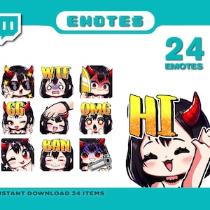 Puede incluir: Un conjunto de 24 emotes de Twitch con un personaje de dibujos animados con cuernos rojos y cabello negro. Los emotes incluyen varias expresiones y texto, como "GG", "OMG", "WTF", "BAN" y "HI".