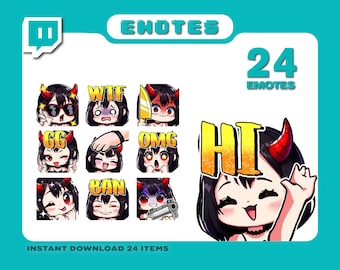 May include: A set of 24 Twitch emotes featuring a cartoon character with red horns and black hair. The emotes include various expressions and text, such as "GG", "OMG", "WTF", "BAN", and "HI".