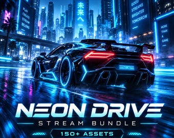 May include: A digital graphic featuring a dark sports car on a wet city street at night with neon blue and red lighting. The text reads NEON DRIVE STREAM BUNDLE 150+ ASSETS ELEVATE YOUR STREAM. The background shows a futuristic city skyline.