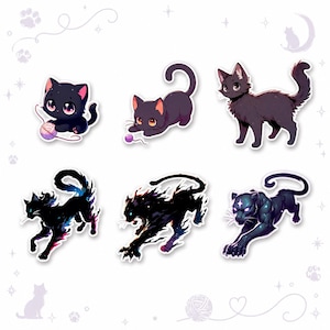 May include: A set of six stickers featuring black cats in various styles. The top row shows three cute kittens playing with yarn. The bottom row displays three dynamic black cats with cosmic, fiery, and muscular designs on a white background.