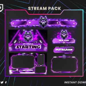 Twitch overlays, animated webcam, twitch panels, twitch screens, twitch transition, chat box, Twitch top banner, alerts, wolf theme overlays