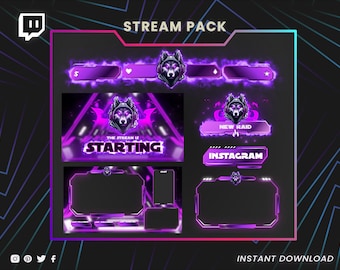 Twitch overlays, animated webcam, twitch panels, twitch screens, twitch transition, chat box, Twitch top banner, alerts, wolf theme overlays