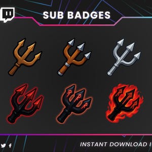 Może przedstawiać: Grafika cyfrowa przedstawiająca sześć wzorów trójzębów w różnych kolorach. Trójzęby mają brązowe, srebrne i czerwone schematy kolorów, a niektóre wydają się płonąć. Tekst brzmi "SUB BADGES" i "INSTANT DOWNLOAD ITEMS".