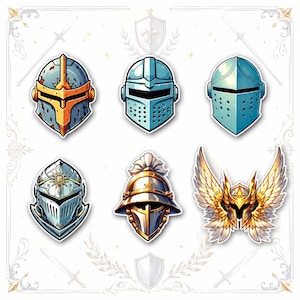 Op de afbeelding: Een verzameling van zes ridderhelm-stickers. De set bevat diverse metalen ontwerpen in blauwe, zilveren en gouden tinten, voorzien van gedetailleerde vizieren, ventilatiegaten en één helm die is versierd met grote, uitgestrekte vleugels.