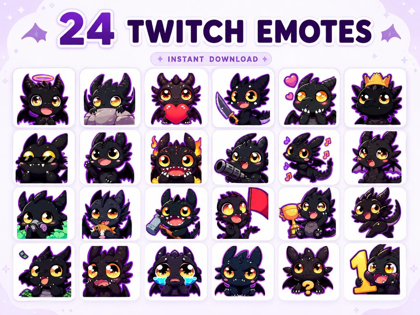 Chibi Fire Chibi Dragon Emotes Pack | Black Dragon Twitch Discord Kick Tiktok ...