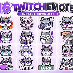 May include: A digital download graphic featuring 16 Twitch emotes of a cartoon wolf with various expressions. The emotes are in a purple and white color scheme, with text that reads "16 Twitch Emotes" and "Instant Download".