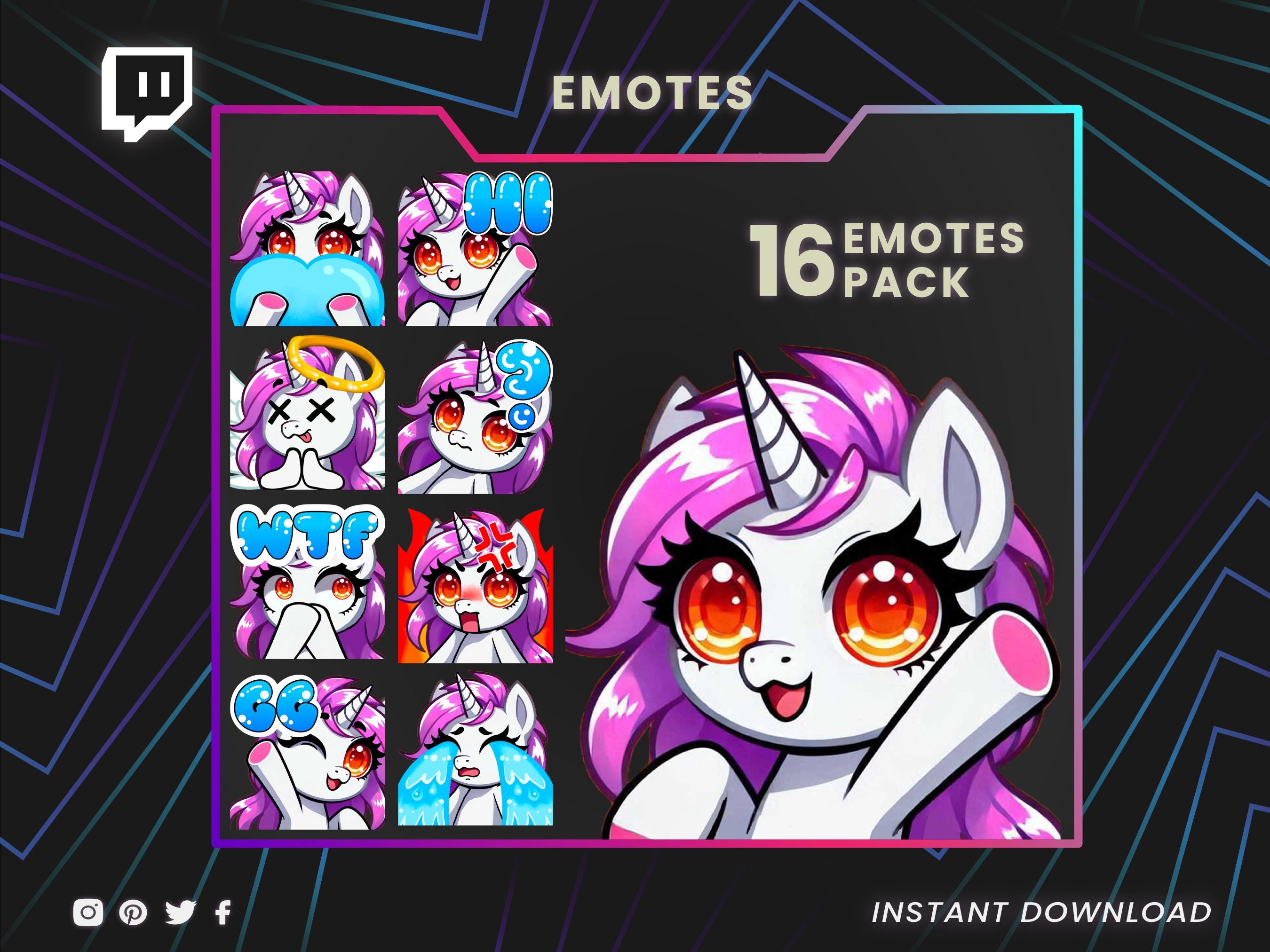 Pink Unicorn emotes, twitch emotes, twitch sub emotes, discord emotes, text emotes, twitch emotes, chibi emotes, cute emotes, discord