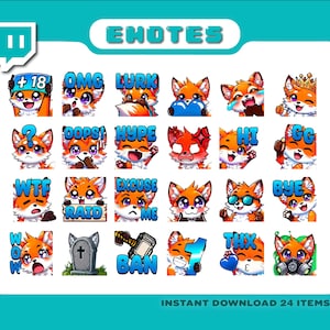 Puede incluir: Un conjunto de 24 emotes de Twitch con un zorro de dibujos animados con diferentes expresiones y texto. Los emotes incluyen "+18", "OMG", "Lurk", "OOPS!", "HYPE", "WTF", "RAID", "EXCUSE ME", "THX", "BAN", "BYE", "GG", "HI", "WOW", y más.