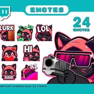 24 twitch-emotes, katten-emotes, kick-emotes, tekst-emotes, neon-emotes, hallo-emote, doei-emote, GG-emote, hype-emote, ban-emote, raid-emote, emote