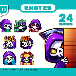 Twitch Emotes, Kapuzen Emotes, Sensenmann Emotes, Shinigami Emotes, Chibi Emotes, Schädel Emotes, Kick Emotes, Tiktok Emotes, lila Emote