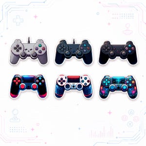 May include: A collection of six video game controllers arranged in two rows. The top row features three classic-style controllers in light gray, black, and dark gray. The bottom row displays three modern controllers with vibrant red, white, and blue patterns.