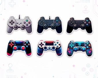 May include: A collection of six video game controllers arranged in two rows. The top row features three classic-style controllers in light gray, black, and dark gray. The bottom row displays three modern controllers with vibrant red, white, and blue patterns.