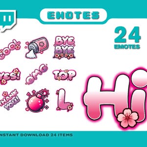 Twitch-emotes, tekst-emotes, komische emotes, sakura-emotes, anime-emotes, cartoon-emotes, schattige emotes, roze emotes, bloemen-emotes, Discord