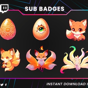 May include: Digital art featuring six sub badges with a fantasy theme. The badges include an egg with a glowing design, an egg with an eye, and three different cartoon foxes. The text "SUB BADGES" and "INSTANT DOWNLOAD ITEMS" are also present.