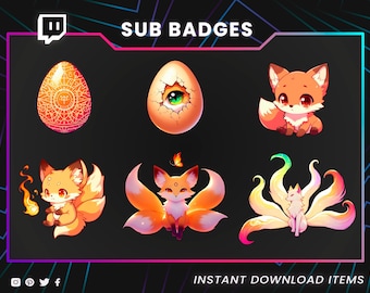 Twitch Sub Badges for Streamers / Six Tailed Fox Bit Badges / Spirit Fox Gamer Icons / Kitsune Badge Pack for Twitch / Stream Overlay