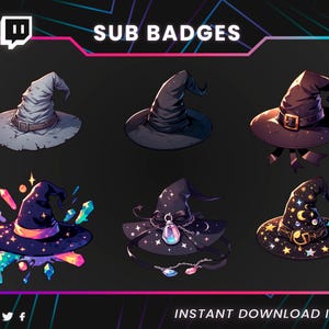 Puede incluir: Colección de seis diseños de sombreros de bruja en varios estilos y colores. Los sombreros están ilustrados con detalles como hebillas, estrellas y gemas. Se muestra el texto "SUB BADGES" y "INSTANT DOWNLOAD ITEMS".