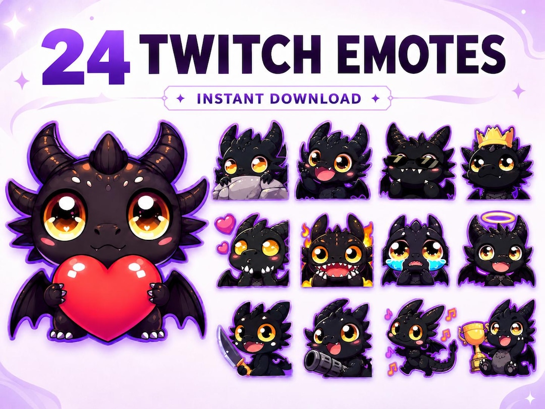 Chibi Fire Chibi Dragon Emotes Pack | Black Dragon Twitch Discord Kick Tiktok ...