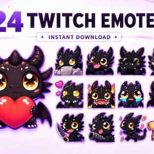 May include: A digital graphic showcasing 24 Twitch emotes of a black dragon with large yellow eyes. The dragon emotes display various expressions and actions, including holding a heart, crying, and wearing a crown. The text "24 Twitch Emotes" and "Instant Download" are at the top.
