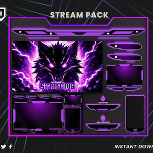Purple Wolf Animated Twitch Overlay, stream overlay, stream package, twitch alerts, twitch panels, chatbox, transitions, twitch graphics