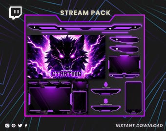 Superposition Twitch animée Purple Wolf, superposition de flux, package de flux, alertes de contraction, panneaux de contraction, boîte de discussion, transitions, graphiques de contraction