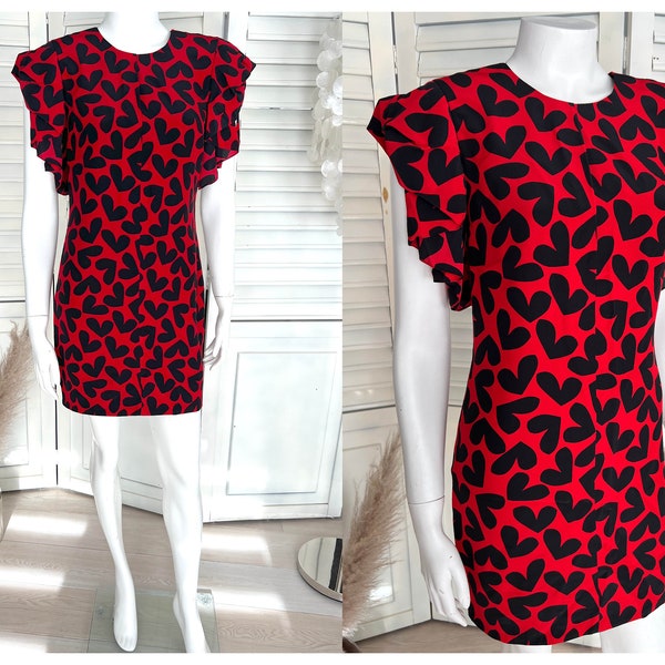 Rare Saint Laurent YSL Silk Red & Black Heart Print Mini Dress with Fluttering Ruffle Sleeve Details Size 38 fit like XS/S