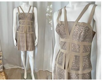 Vintage 2000s BCBG Max Azria Tan/Beige/Black  Lace Bustier Peplum Party Dress with double straps. Size 6 S/M