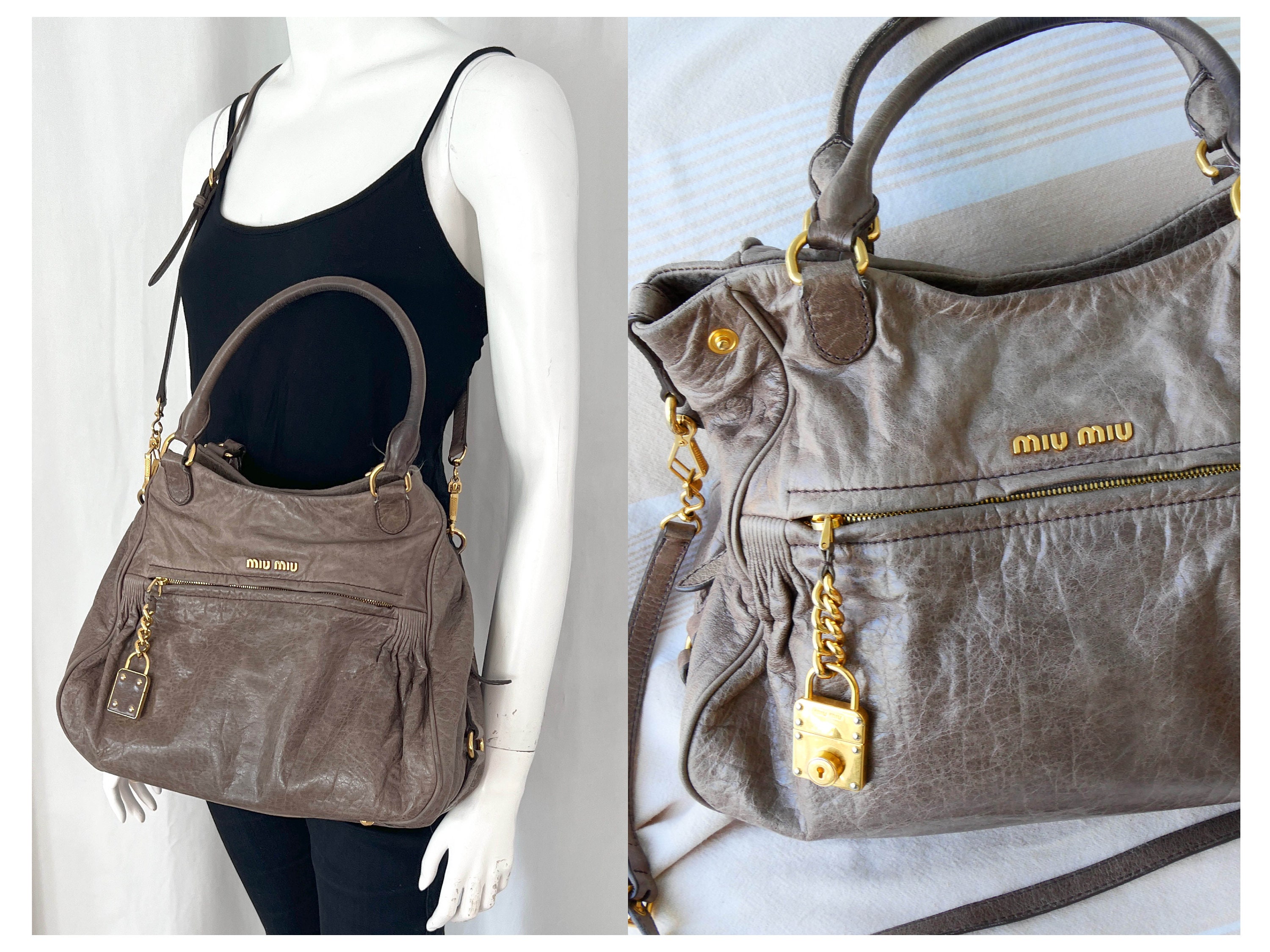 Sold at Auction: Vintage Miu Miu Shoulder Bag, Brown Leather with Gilt  accents, Double Zipper Closure; Overall length 17, Double Strap length  10, Bag Ht. 7 W. 16 D. 5; Good condition