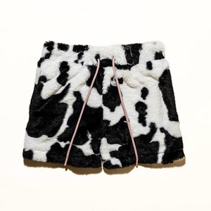 Fuzzy Animal Cow Print Fluffy Shorts, Faux Fur, Minky, Cozy Soft Unisex, Trendy Animal Print Loungewear
