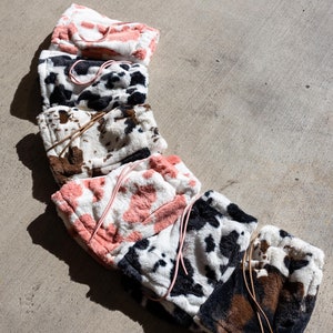 Fluffy Cow Print Fuzzy Shorts, Faux Fur, Minky, Cozy Soft Unisex, Trendy Animal Print Loungewear