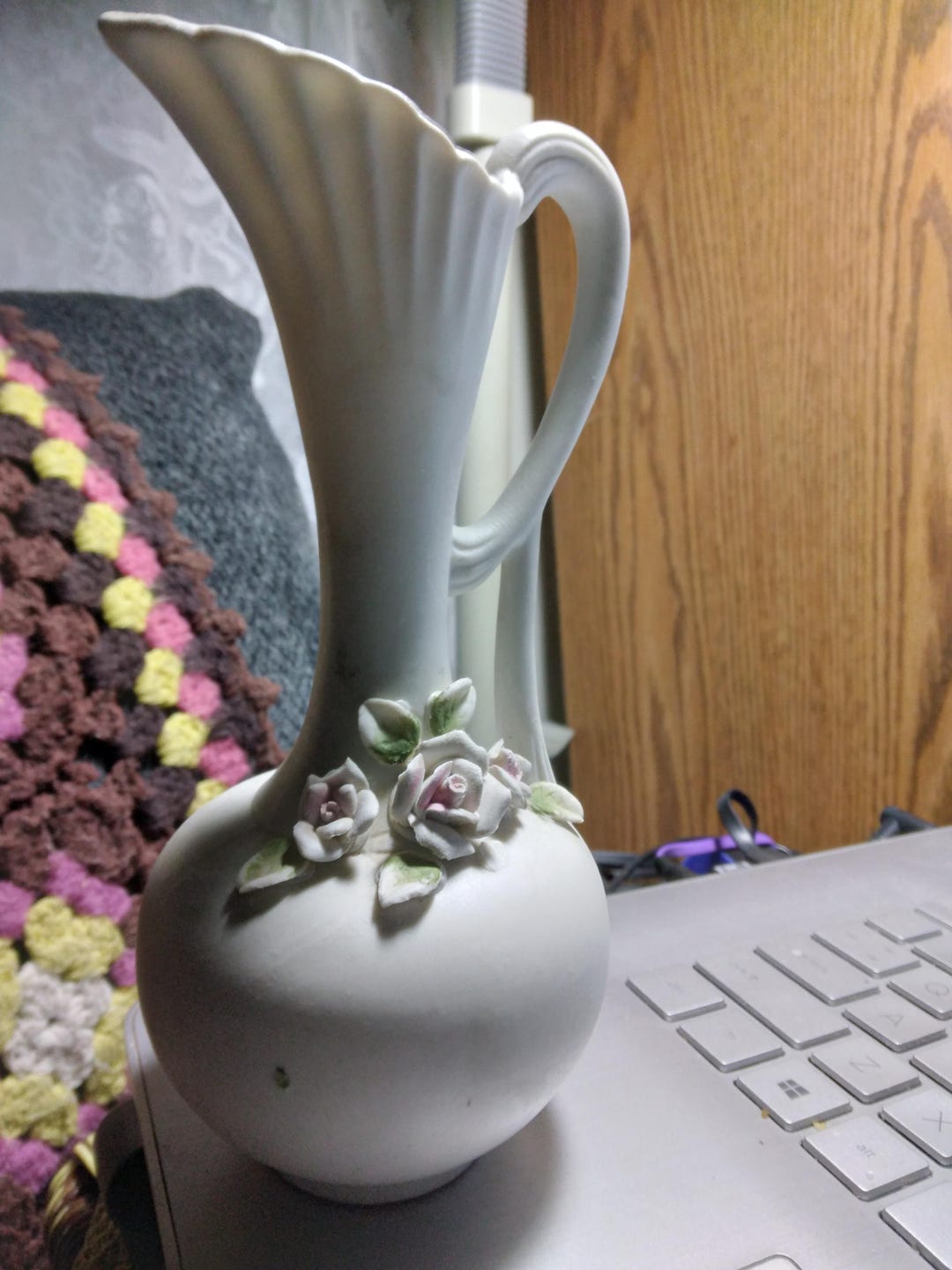 Vintage White Ewer Bud Vase With Pink Raised Applied Flowers - Etsy