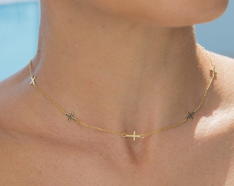 Gold Cross Choker Necklace, Tiny Cross Neck Necklace, Cross Choker, Small Cross Necklace, Gold Chain Choker,Valentine Gift