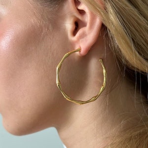 18K Gold Bamboo Hoop Earrings, Gold Bamboo Hoop Earrings, Big Bamboo Earrings, Chunky Hoop Earrings, Gold Hoops Earrings, Women Earrings image 5