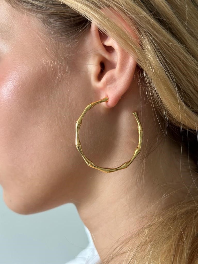 18K Gold Bamboo Hoop Earrings, Gold Bamboo Hoop Earrings, Big Bamboo Earrings, Chunky Hoop Earrings, Gold Hoops Earrings, Women Earrings image 5