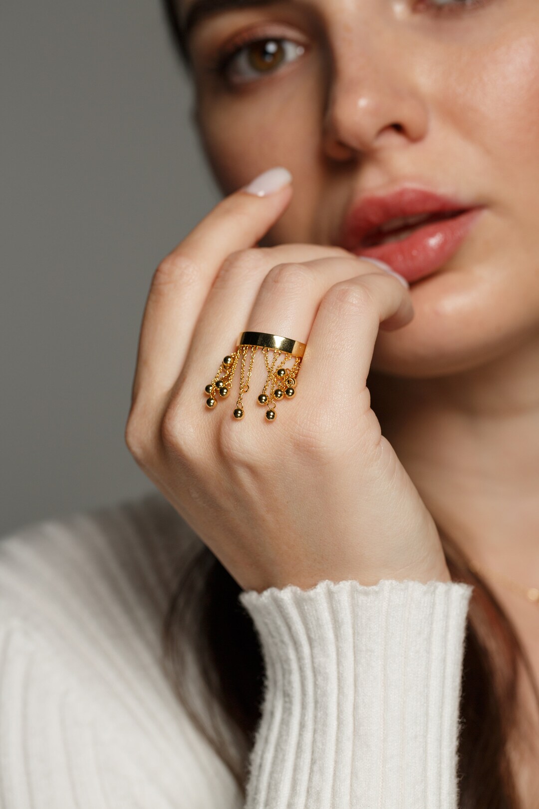Statement Ring, 14K Gold Plated Brass Ring With Dangle, Gold Long Tassel Ring, Chain Ring for